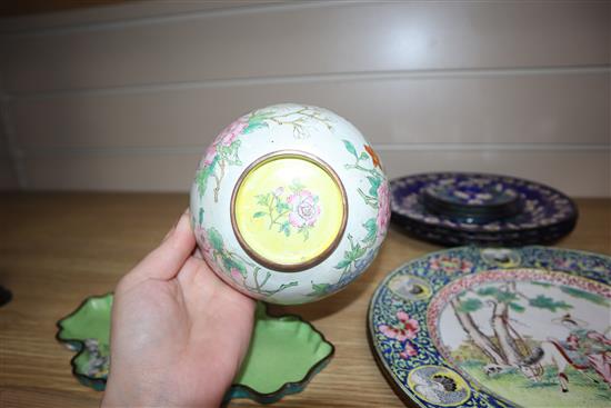 A Chinese Canton enamel brushwasher, two bowls and cover, four plates and three stands, 19th/20th century